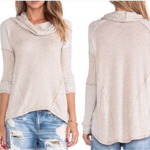 FREE PEOPLE Beatnik Hacci Cream Combo Exposed Seams Cowl Neck Hi Low Hem Sweater